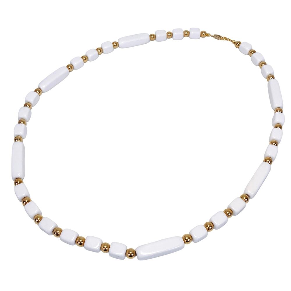 Vintage Signed Trifari White Lucite & Gold Beaded Necklace, 1970s 1980s Jewelry